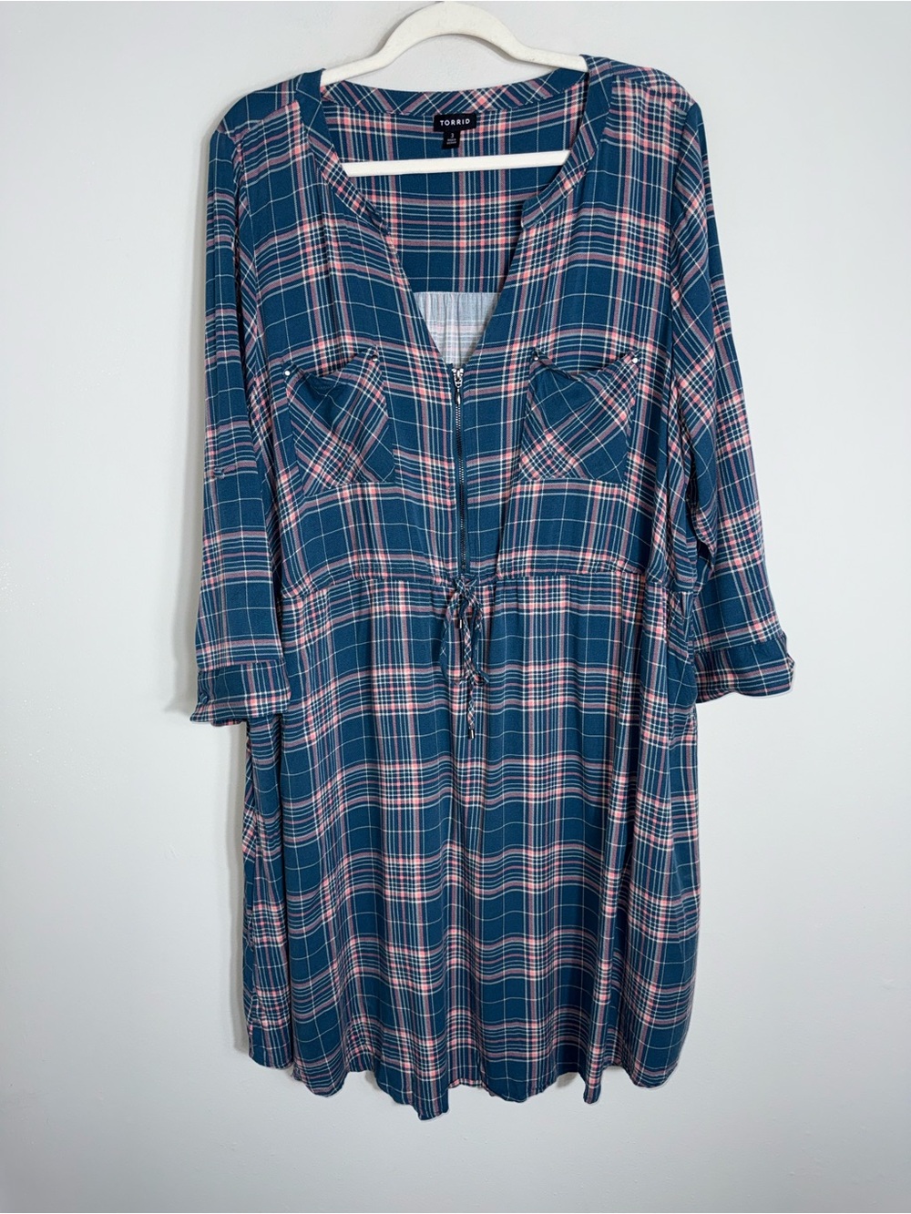 Torrid Lightweight Flannel Dress-Waist Tie-Blue Pink Plaid-3/4 Sleeves-Size 3X